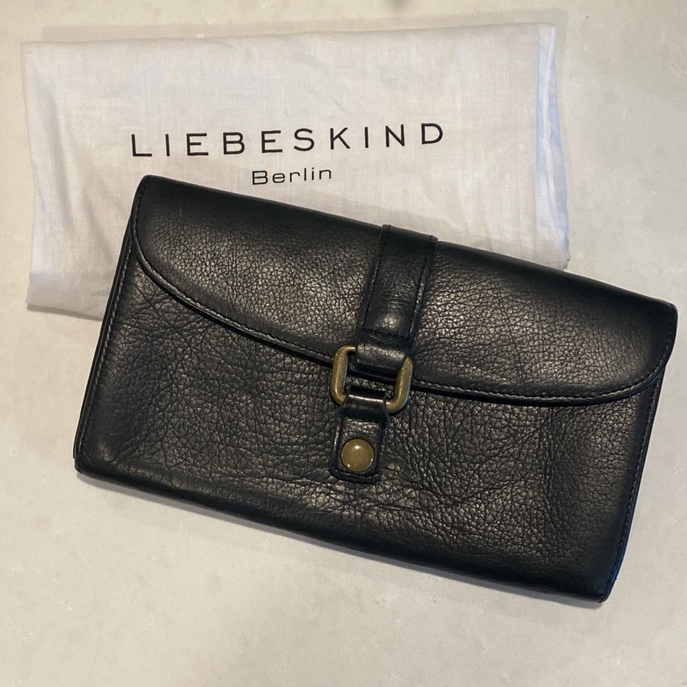 Gently used Liebskind black leather oversized wallet with duster bag